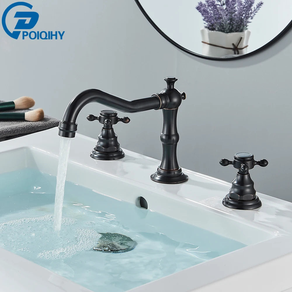 Antique Brass Bathroom Mixer Taps Widespread Basin Faucet Dual Handles Hot and Cold Tap Deck Mounted Brass Basin Sink Faucet