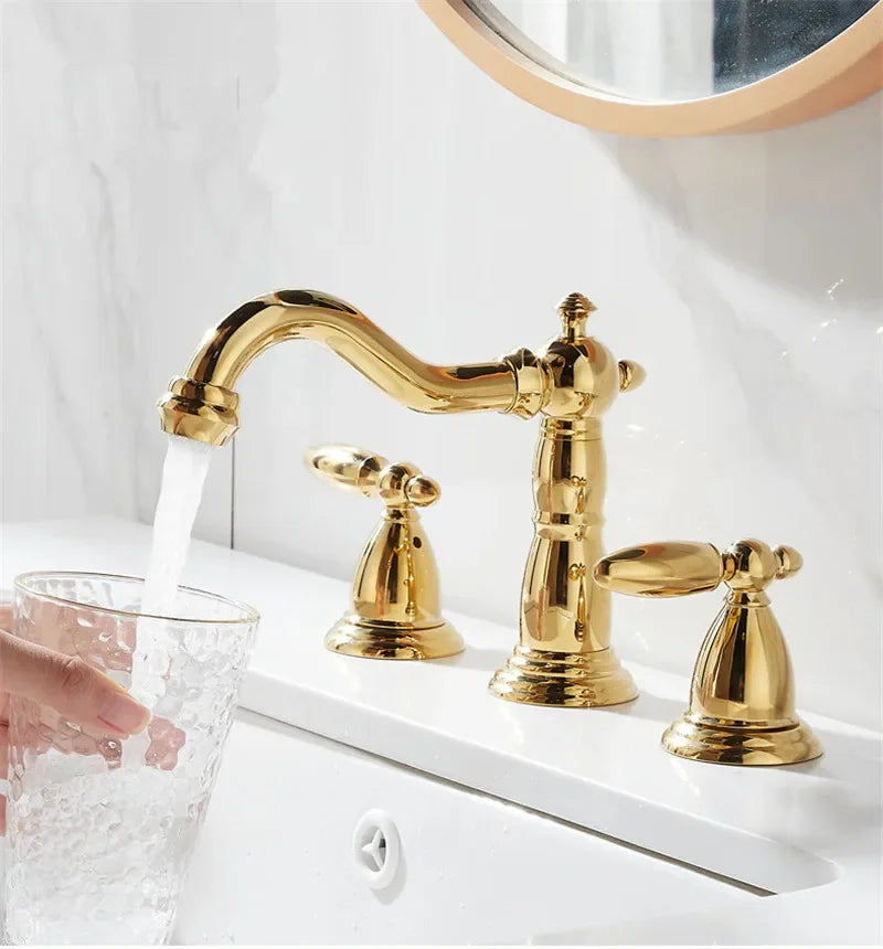 Basin Faucet Brass Gold Widespread Bathroom  Antique Sink  3 Hole Hot And Cold Water  Tap Pop Up