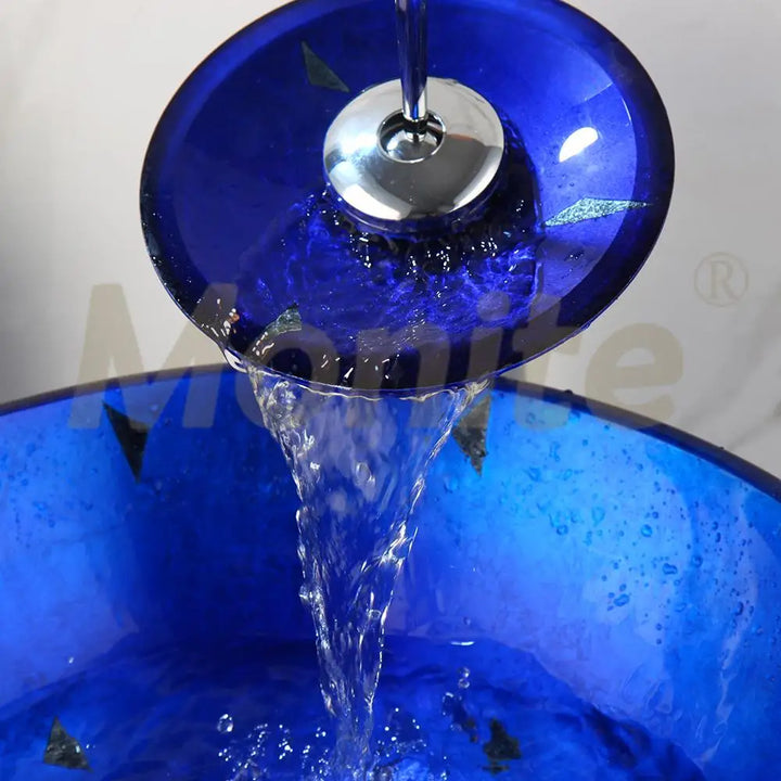MONITE Tempered Glass Bathroom Sink Set Hand-Painted Art Basin Combine Round Waterfall Bowl Basin Faucet Multiple Styles