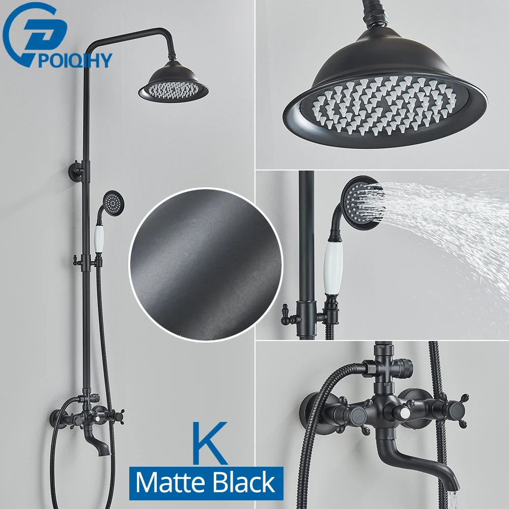 POIQIHY ORB Black Bathroom Shower Faucet In Wall 8" Rainfall Brass Shower Set Mixer Tap Tub Spout Bath Shower Set Dual Handles