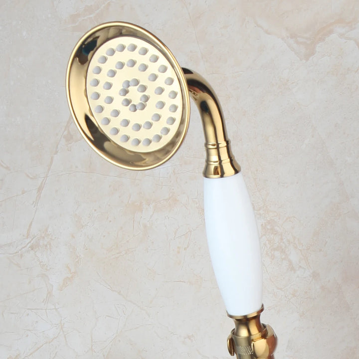KEMAIDI Golden Plated Shower Faucet Set Solid Brass Wall Mounted Rainfall Shower Mixer Tap 8 Inch Round Style Shower Faucet Set