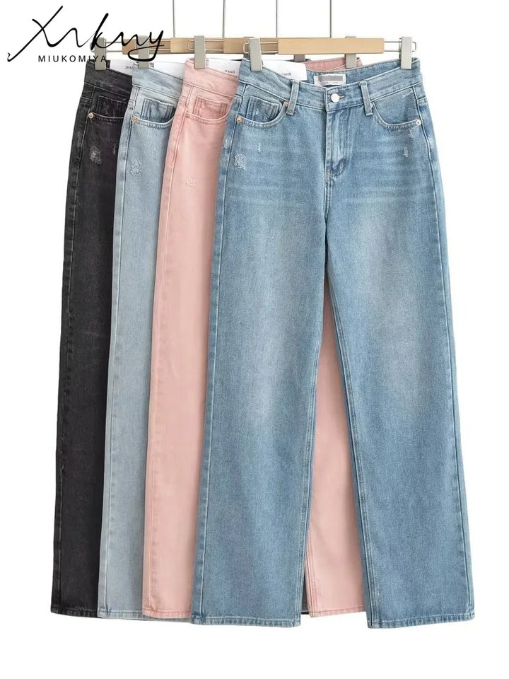 MiuKoMiYa Straight Leg Jeans For Women High Waist Gray Long Wide Denim Pants Vintage Blue Boyfriend Jeans