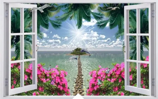 3D Custom Mural Wallpaper - Window Sea View with Red Flowers Stone Path Small Island Garden Lake Background wall for Home Decor