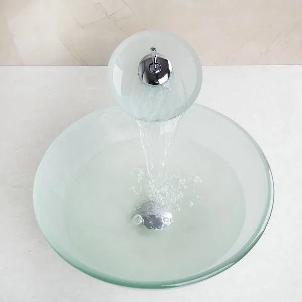 MONITE Tempered Glass Bathroom Sink Set Hand-Painted Art Basin Combine Round Waterfall Bowl Basin Faucet Multiple Styles