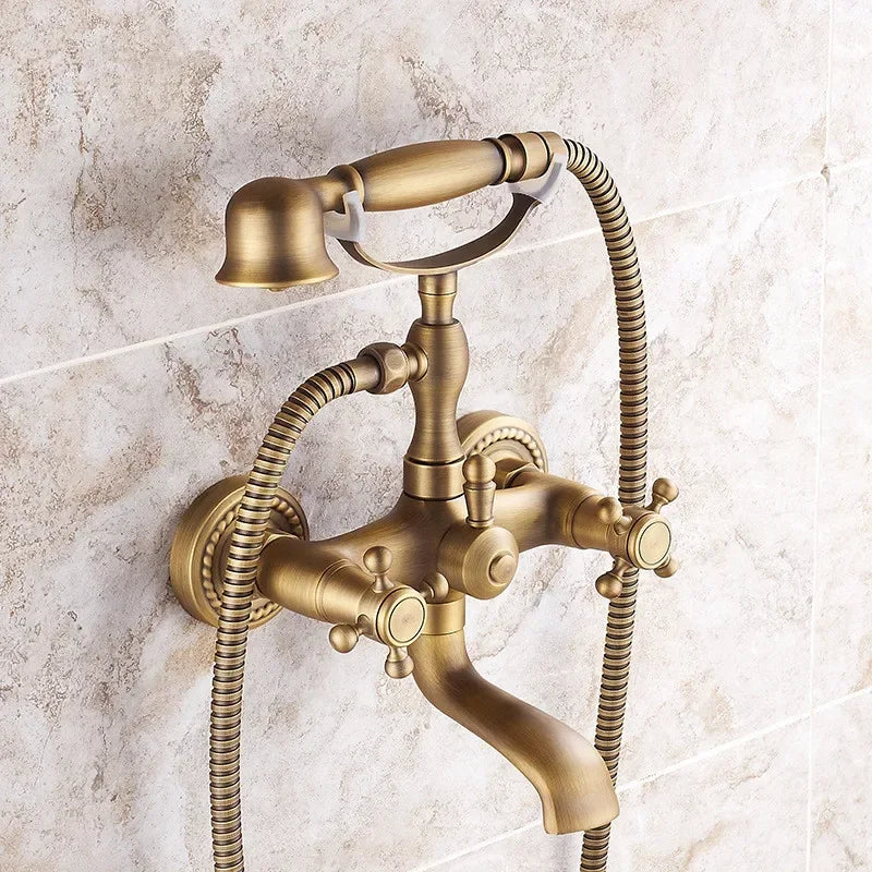 Antique Bathtub Shower Faucet Set Wall Mounted Black Bath Shower Faucet Bathroom Cold and Hot Bath and Shower Mixer Taps Brass