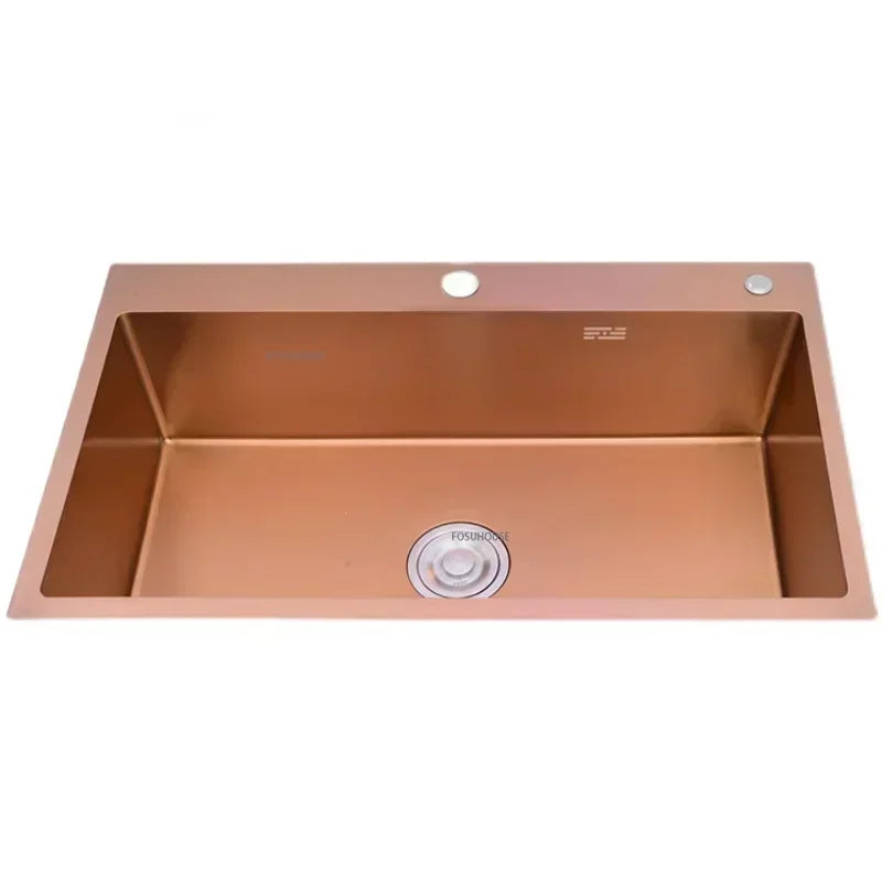 Rose Gold Stainless Steel Kitchen Sink Single Bowl Above Counter Vegetable Basin Modern Drain Storage Luxury