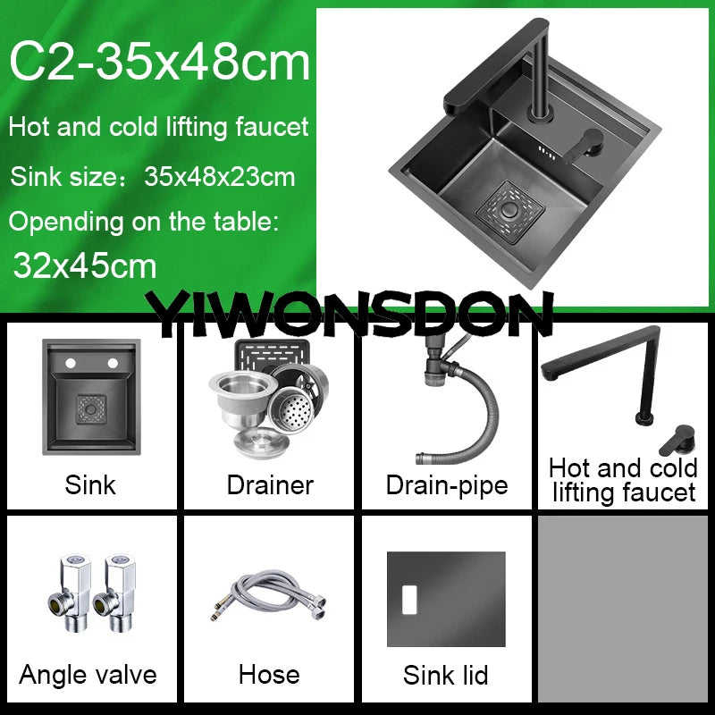 Nano Hidden Bar Kitchen Sink Black Folding Faucet Mini Small Single Bowl Wash Basin Stainless Steel Soap Dispenser Accessories