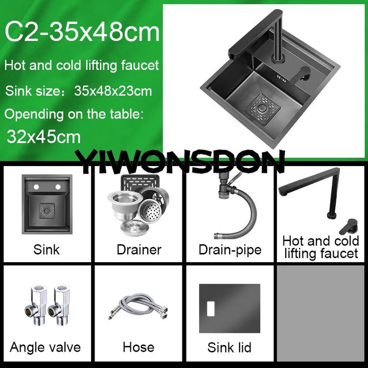 Nano Hidden Bar Kitchen Sink Black Folding Faucet Mini Small Single Bowl Wash Basin Stainless Steel Soap Dispenser Accessories