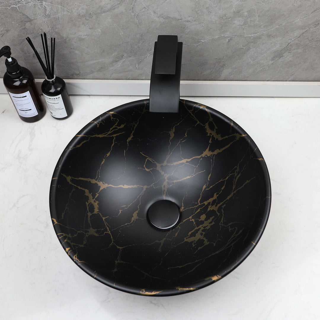 TORAYVINO Ceramic Bathroom Basin Sink Faucet Set Matter Black Vessel Vanity Top Sink Waterfall 2 Hole Single Handle Faucet Mixer