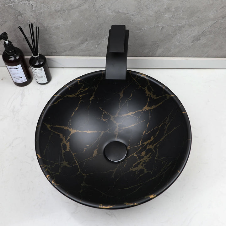 TORAYVINO Ceramic Bathroom Basin Sink Faucet Set Matter Black Vessel Vanity Top Sink Waterfall 2 Hole Single Handle Faucet Mixer