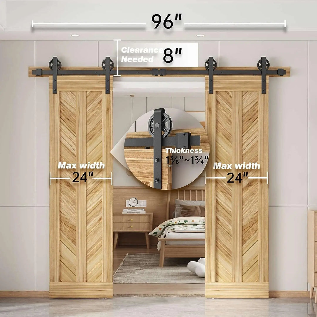 LWZH Heavy Duty Sliding Barn Door Hardware Kit with Big-Rollers 8-20FT Black Steel Track Roller Set for Two Door Smoothly