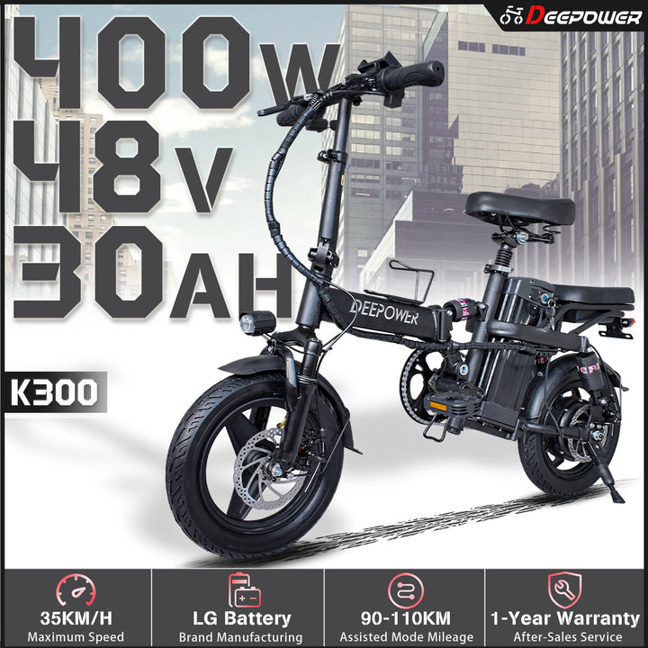 DEEPOWER K300 Electric Bike 400W 48V 30AH Adult Folding Electric Bicycle With Basket Mini Ebike for Urban Commuter Man Woman