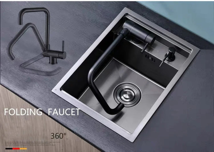 Nano Hidden Bar Kitchen Sink Black Folding Faucet Mini Small Single Bowl Wash Basin Stainless Steel Soap Dispenser Accessories