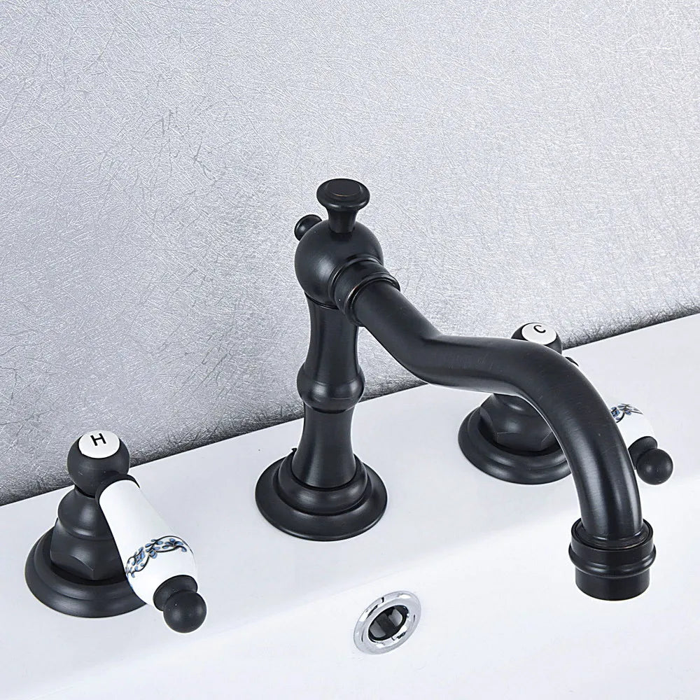 Basin Faucets Oil Rubbed Bronze Deck Mounted Widespread Bathroom Sink Faucets 3 Hole Double Handle Hot And Cold Water Tap tsf543
