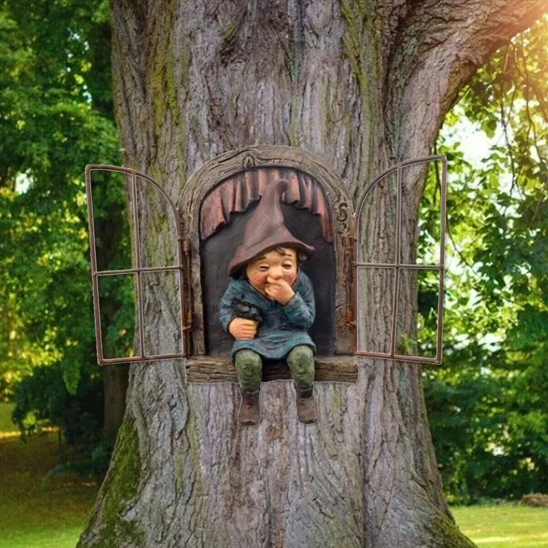 Naughty Garden Statue Elf Go Out Tree Hug Gnome Statue Elf Out The Door Window Tree Hugger Home Yard Tree Decor