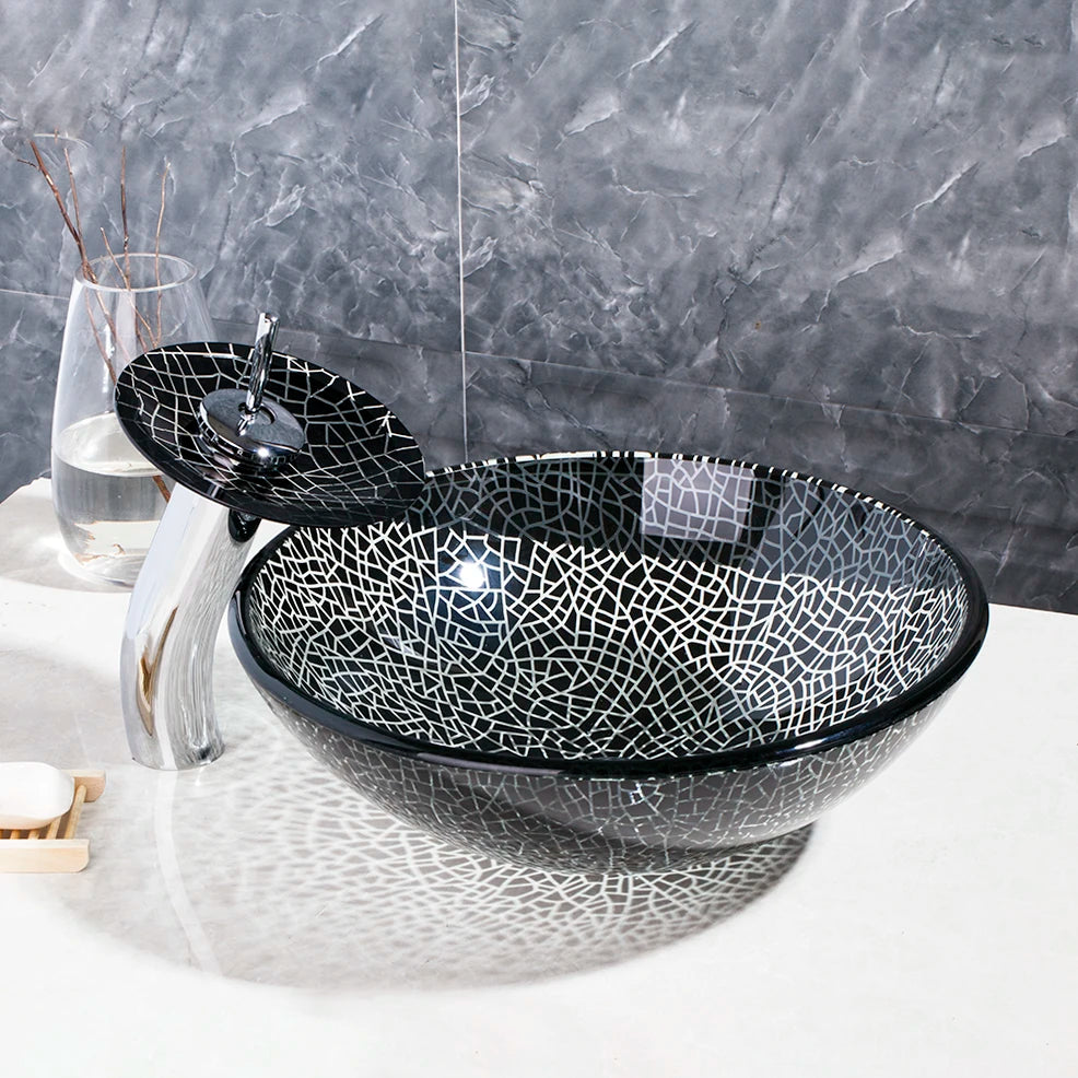 MONITE Tempered Glass Bathroom Sink Set Hand-Painted Art Basin Combine Round Waterfall Bowl Basin Faucet Multiple Styles