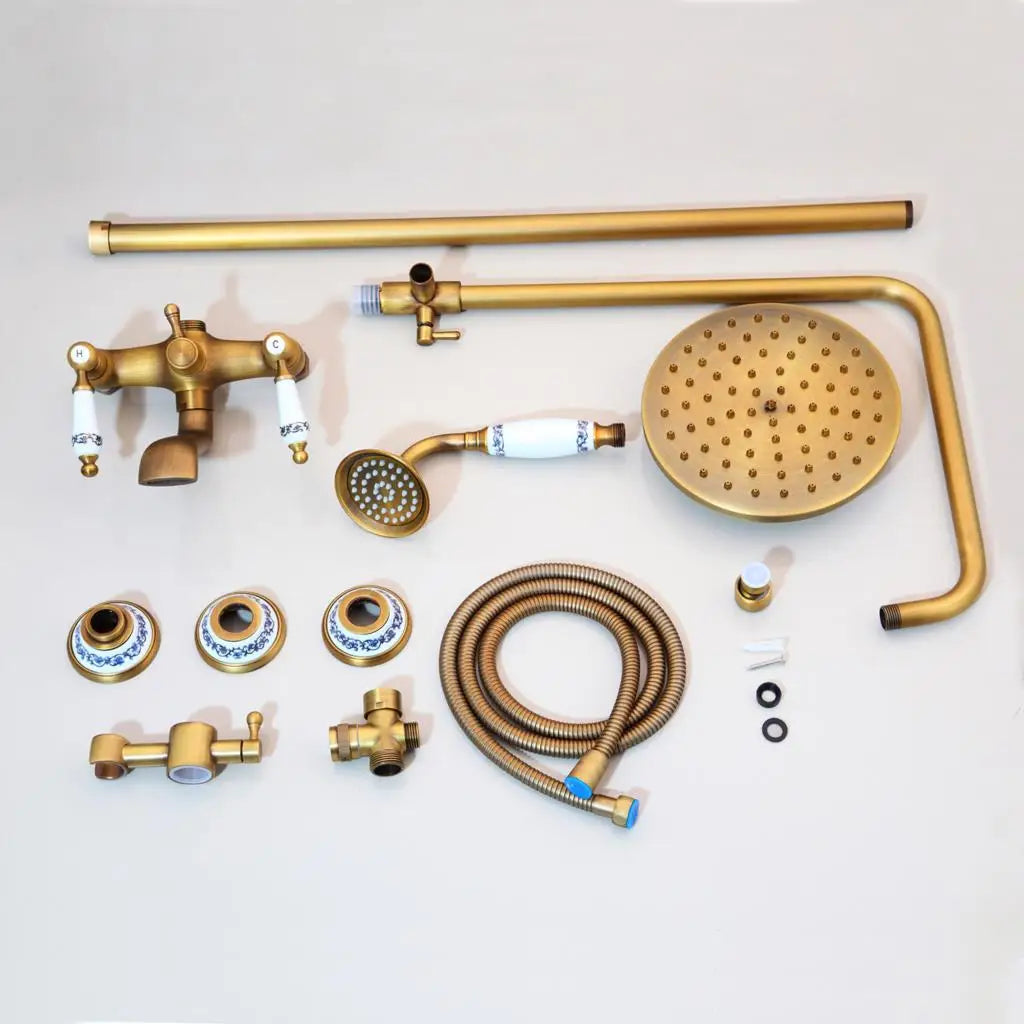 KEMAIDI Antique Brass Retro Vintage Bathroom Shower Faucet Set Wall Mounted Rainfall Shower Head Bathtub Mixer Shower Systerm