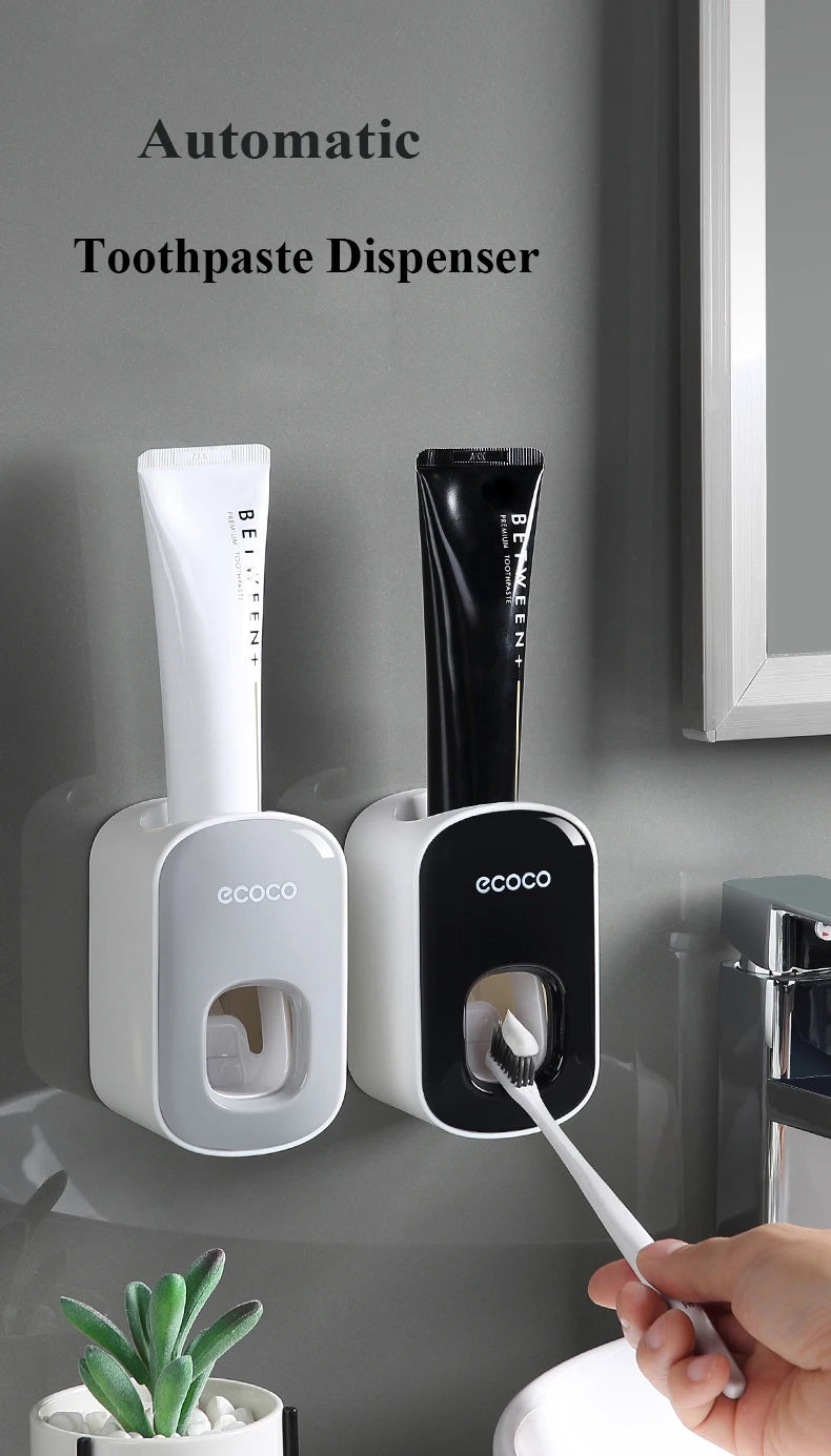 ecoco  Wall Mount Automatic Toothpaste Dispenser Bathroom Toothpaste Squeezer Dispenser Toothbrush Holder bathroom accessories