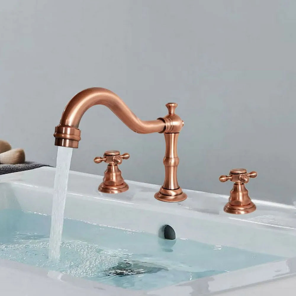 Bathroom Basin Faucet 3 Hole Deck Mounted Dual Handle Hot Cold Mixer Water Tap Brass Basin Sink Faucet Nzh041