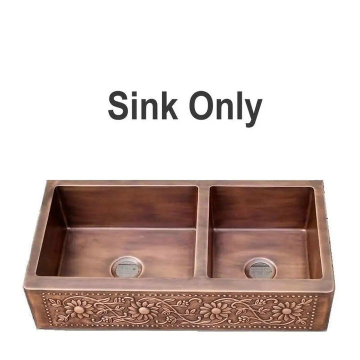 MAEBOW Antique Copper Regtangular Apron Front Double Bowls Artistic Kitchen Sink Farmhouse Sink