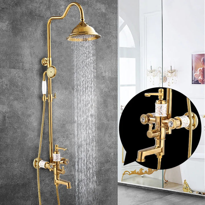 KEMAIDI Solid Brass Bathroom Shower Set Golen Plated Rainfall Shower Systerm Bath Shower Faucet Mixer 3 in 1 Wall Mounted Shower