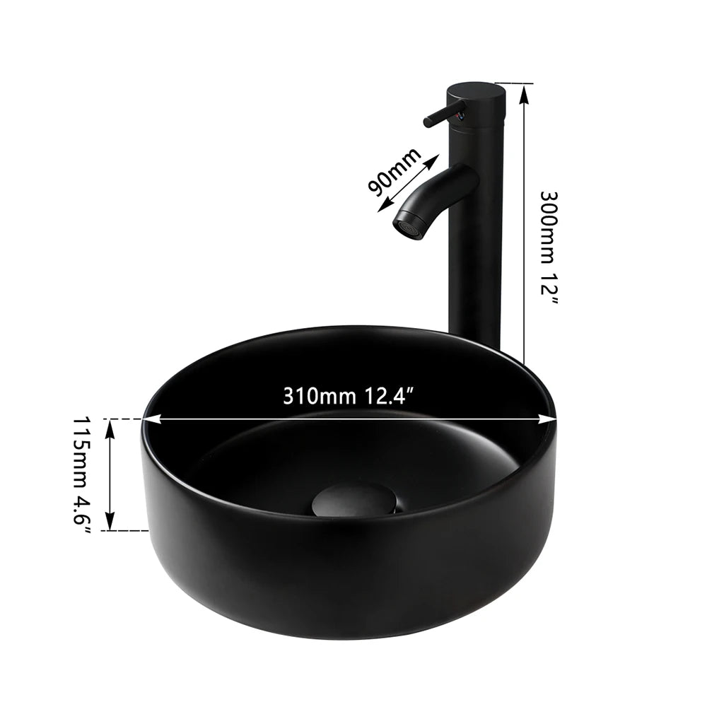 KEMAIDI Matte Black Bathroom Ceramic Washing Bowl Sink Above Counter Round Bathroom Sinks with Faucet Mixer Tap Set Deck Mounted