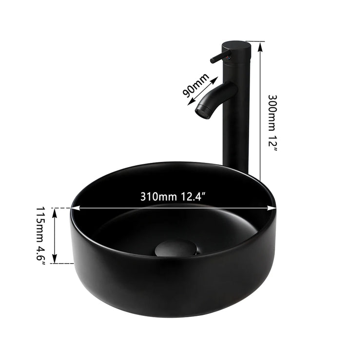 KEMAIDI Matte Black Bathroom Ceramic Washing Bowl Sink Above Counter Round Bathroom Sinks with Faucet Mixer Tap Set Deck Mounted