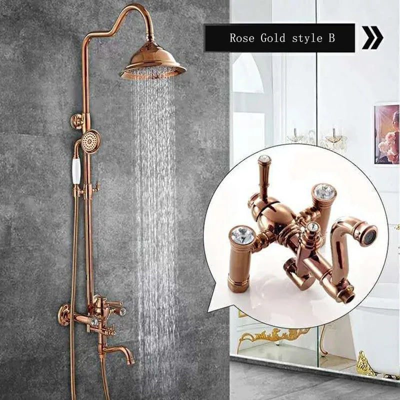 KEMAIDI Solid Brass Bathroom Shower Set Golen Plated Rainfall Shower Systerm Bath Shower Faucet Mixer 3 in 1 Wall Mounted Shower