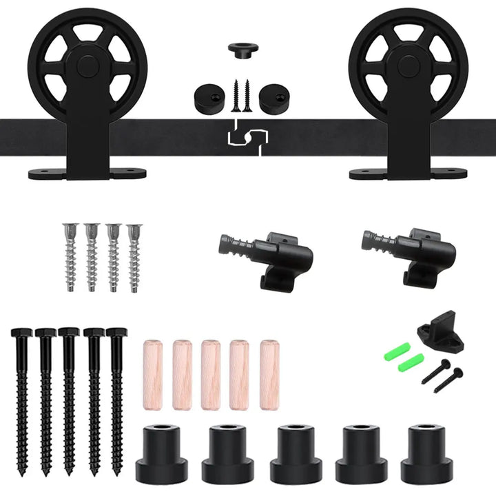 TSMST Heavy Duty Barn Door Hardware Kit for Wood Single Barn Door Black Industrial Rail + Middle Wheel  T Shape Roller