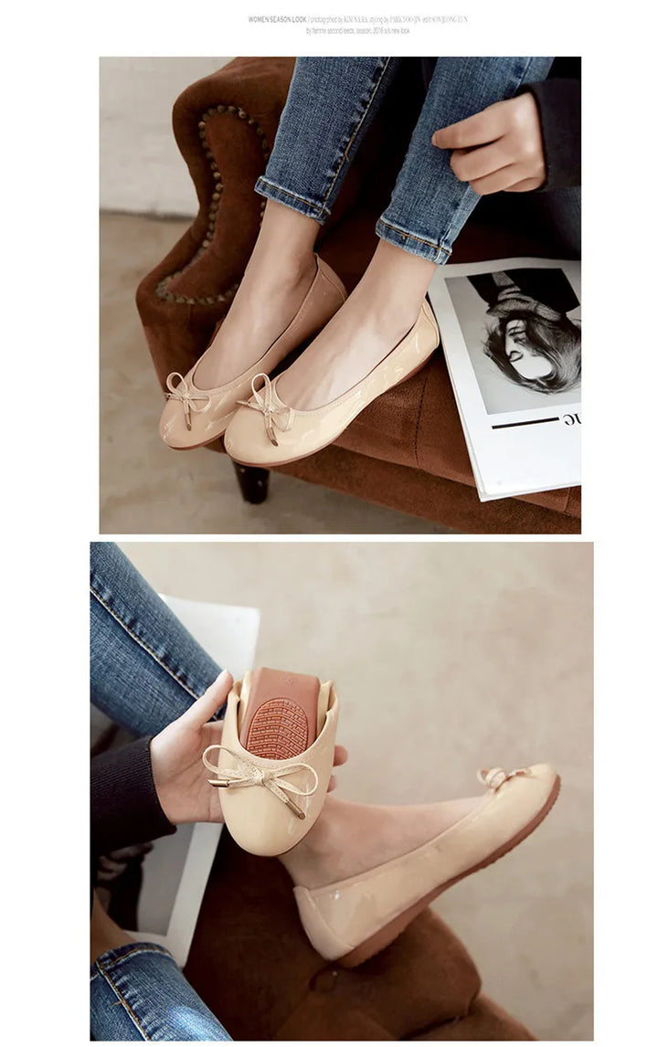 Ladies Loafers Shoes Bowtie Flats Patent Leather Loafers Women Round Toe Roll-Up Shoes Woman Bridesmaid Flats Large Size Zapatos