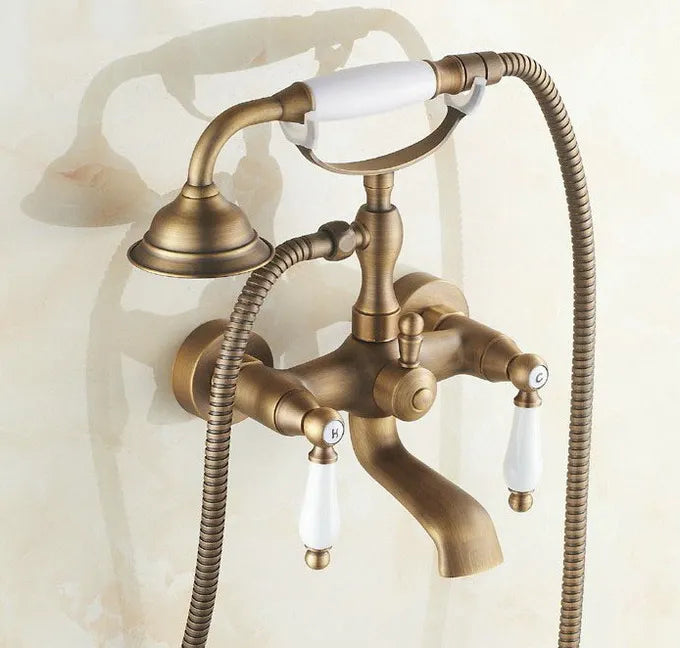 Vintage Retro Antique Brass Double Ceramic Handles Wall Mounted Claw Foot Bathroom Tub Faucet Mixer Tap With Handshower mtf152