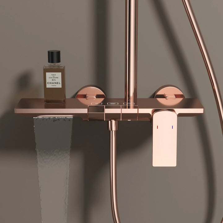 Brushed Rose Gold Piano Bathroom Shower Set Brass Hot Cold Bathroom Mixer Faucet Rain Shower Head Hot Cold Piano Shower System