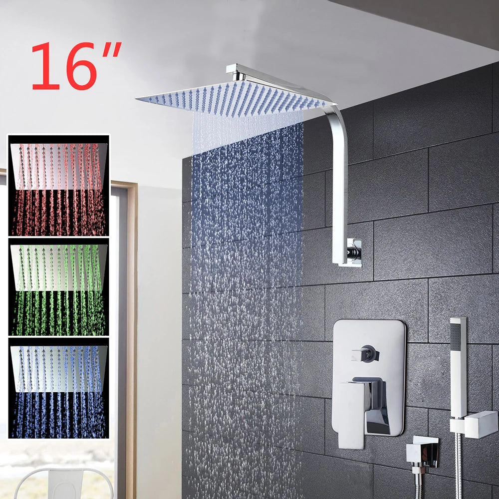 Torayvino Bathroom Shower Set LED Square Rainfall Shower Head Wall Mounted W/ Control Valve Hand Sprayer Chrome Polished Kit