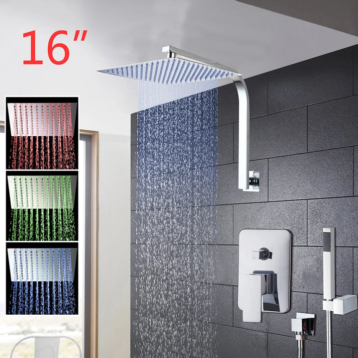 Torayvino Bathroom Shower Set LED Square Rainfall Shower Head Wall Mounted W/ Control Valve Hand Sprayer Chrome Polished Kit