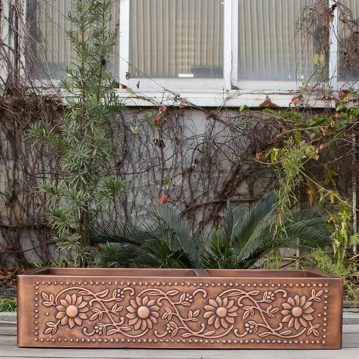 MAEBOW Antique Copper Regtangular Apron Front Double Bowls Artistic Kitchen Sink Farmhouse Sink