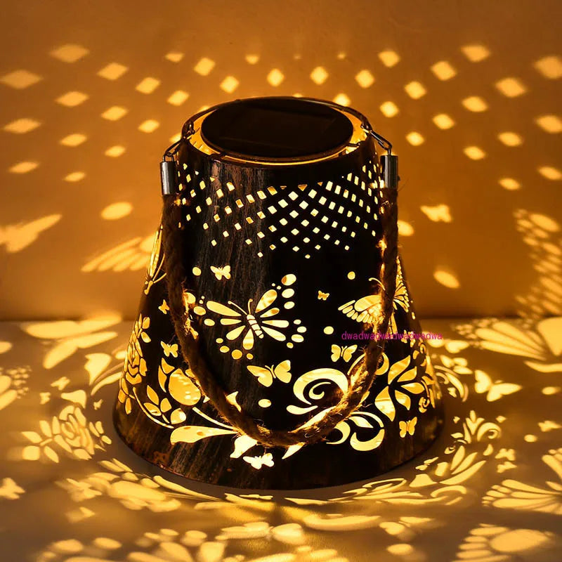New solar butterfly projection light wrought iron hollow lantern garden atmosphere decorative light
