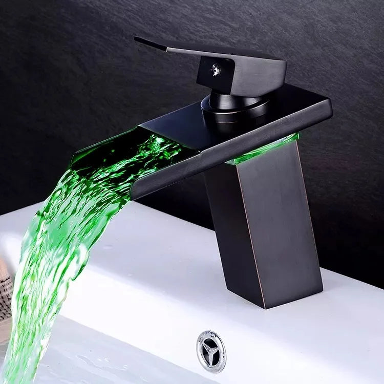 Brushed Gold LED Basin Faucet Waterfall Sink Taps Color Changing Temperature Bathroom Mixer Brass Cold Hot Tap