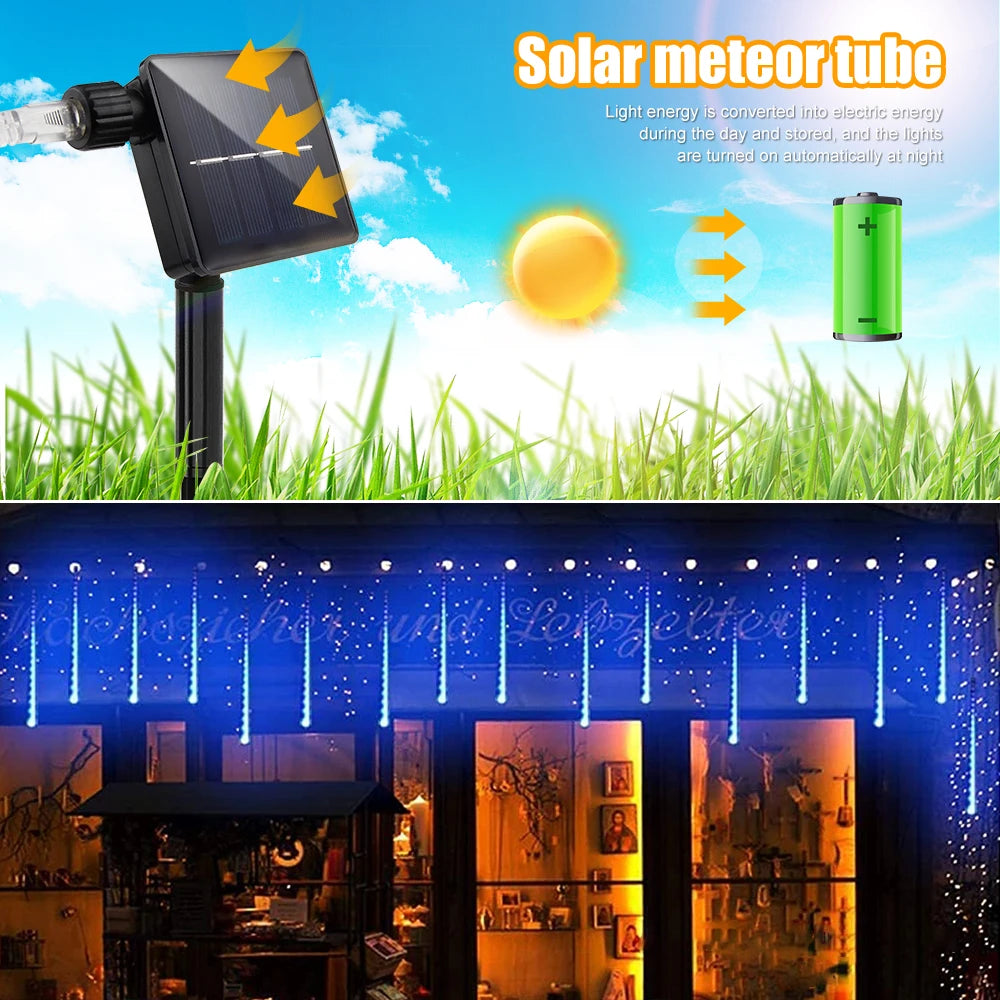 30/50cm Solar Meteor Shower LED Holiday Fairy String Light 8 Tubes Outdoor Waterproof Garden Street Garland