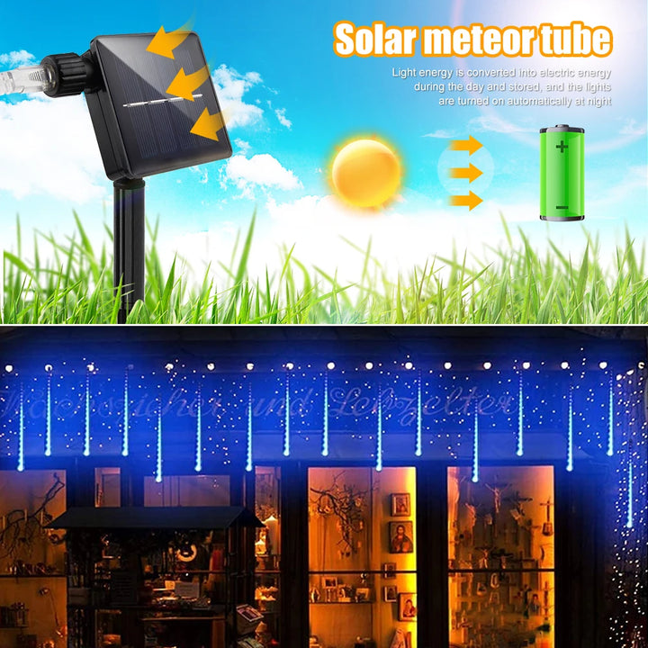 30/50cm Solar Meteor Shower LED Holiday Fairy String Light 8 Tubes Outdoor Waterproof Garden Street Garland