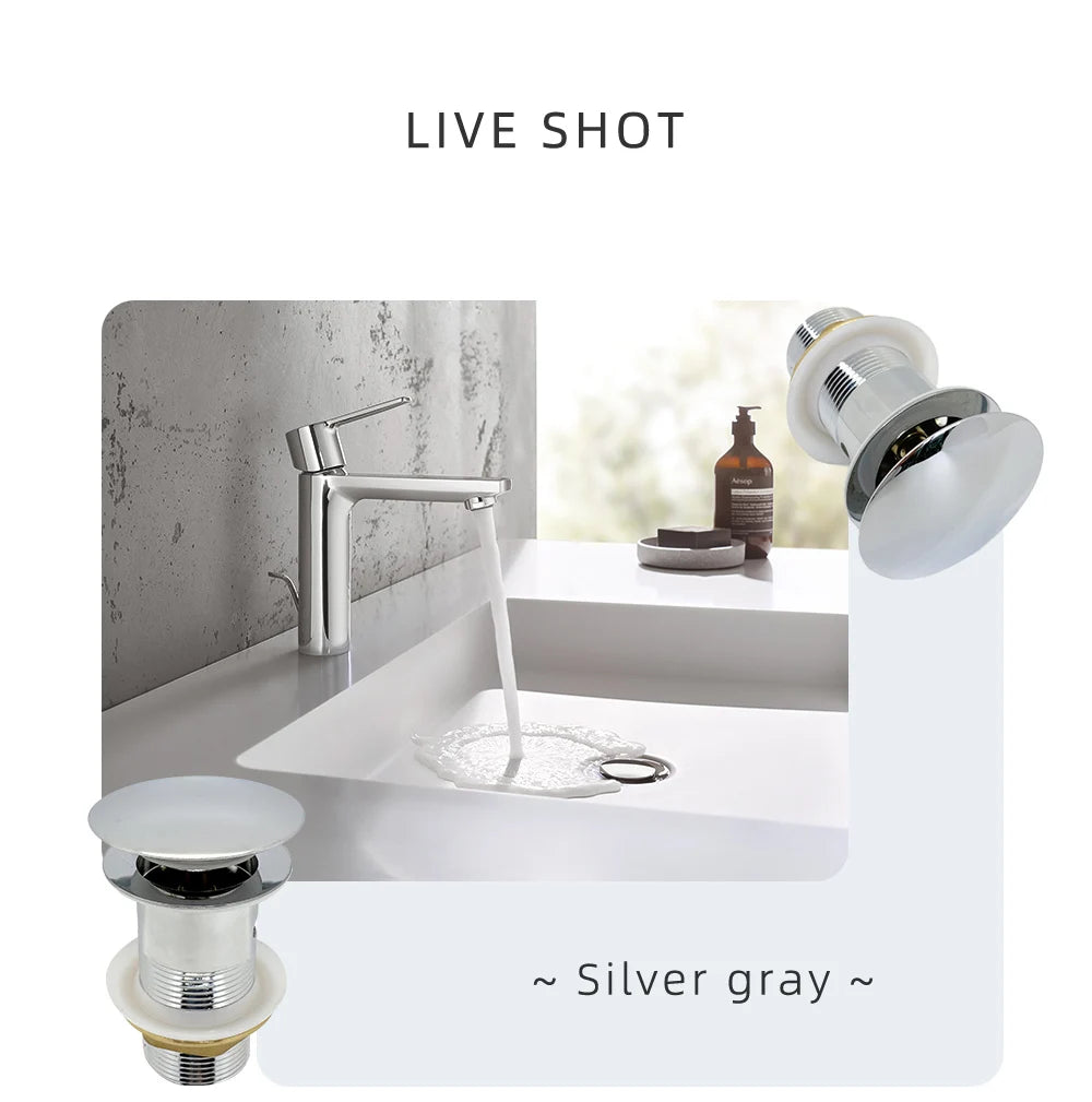 Bathroom Push Down Pop-Up Drain Sink Waste Stopper Valve Chrome Body with Color Lid Washbasin Water Head Deodorization Stopper