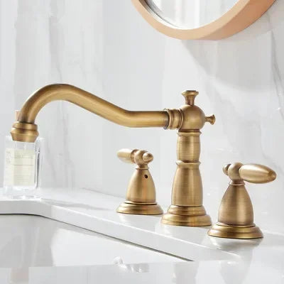 Basin Faucet Brass Gold Widespread Bathroom  Antique Sink  3 Hole Hot And Cold Water  Tap Pop Up