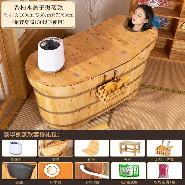 ZML  Fumigation Bath Wooden Bucket Bath Bucket Armrest Adult Full Body Bath Tub Adult Sweat Steaming Bucket