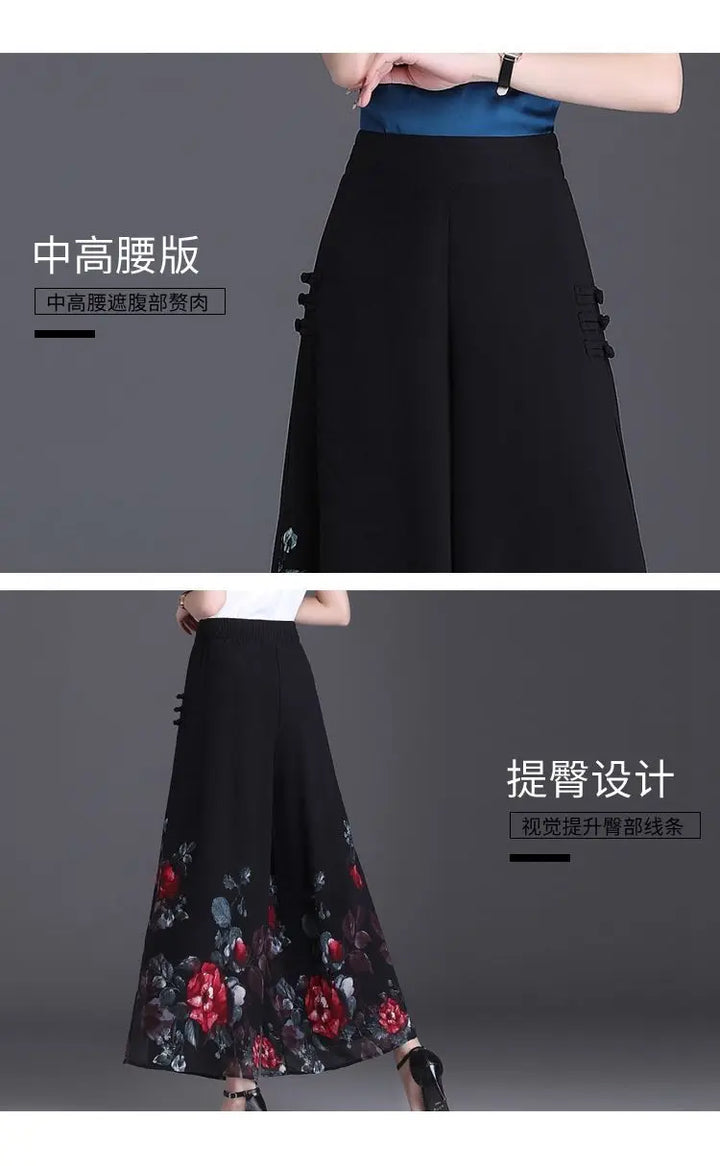 Thin Chinese Style Floral Chiffon Wide Leg Pants Women Tie Die Printed Button Loose High Waist Vintage Straight Trousers