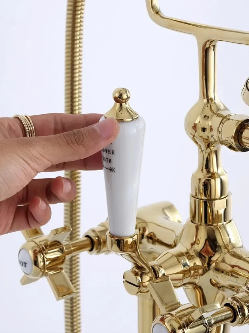 Bathtub Faucet Set Floor Decked Bathroom Classical Top High Quality Gold American Style Ceramic Handle Shower Faucet