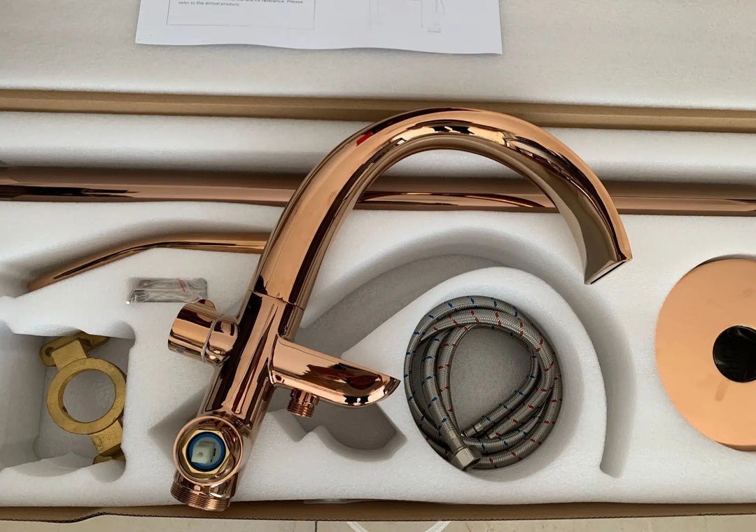 Floor Stand Waterfall Bathtub Faucet Solid Brass Bathroom Bathtub Water Mixer with Hand Shower in Brushed Rose Gold, Black, Gold