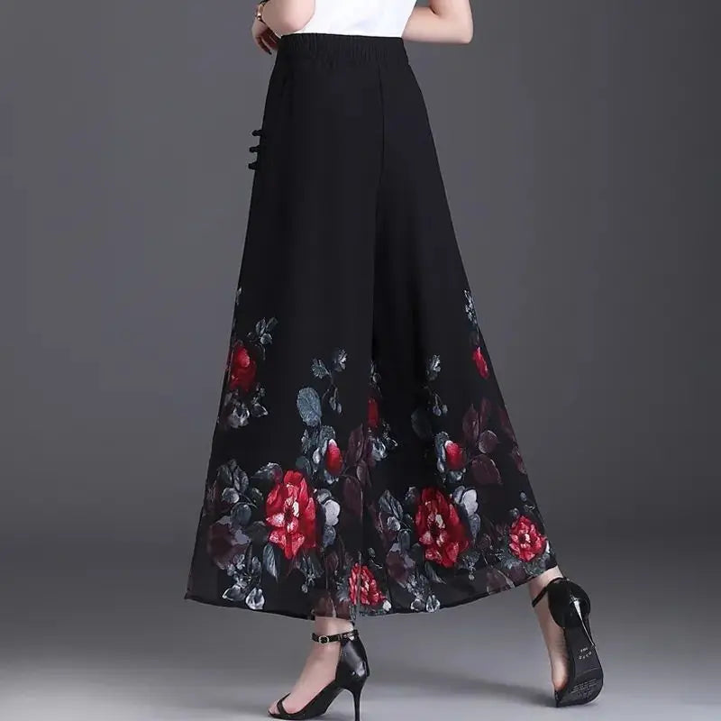 Thin Chinese Style Floral Chiffon Wide Leg Pants Women Tie Die Printed Button Loose High Waist Vintage Straight Trousers
