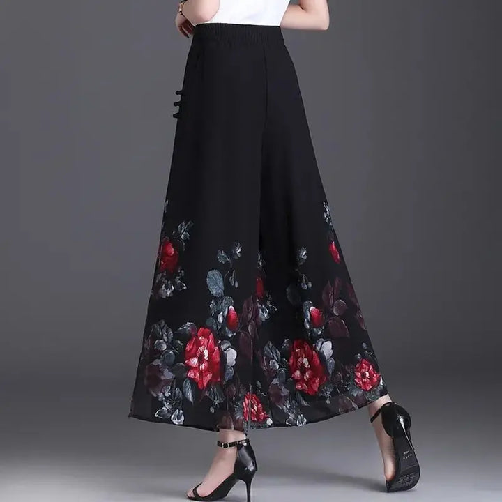 Thin Chinese Style Floral Chiffon Wide Leg Pants Women Tie Die Printed Button Loose High Waist Vintage Straight Trousers