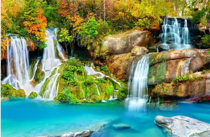 3D Custom Mural Wallpaper - Window Sea View with Red Flowers Stone Path Small Island Garden Lake Background wall for Home Decor