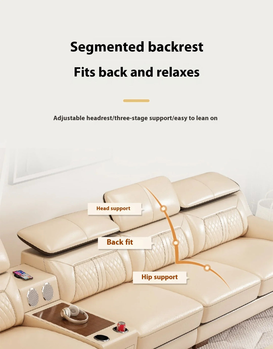 Stylish Italian Genuine Leather Sofa for Living Room with Cup Holder, USB, Adjustable Headrests & Bluetooth Speaker - Lazy Sofa