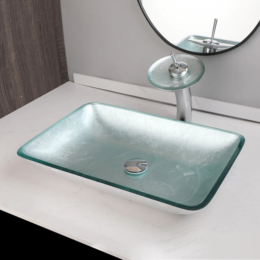 KEMAIDI Big Tempered Glass Basin Sink Washbasin Bathroom Vessel Sinks Counter Top Bowl Washroom Vessel Vanity Sink Faucet Set